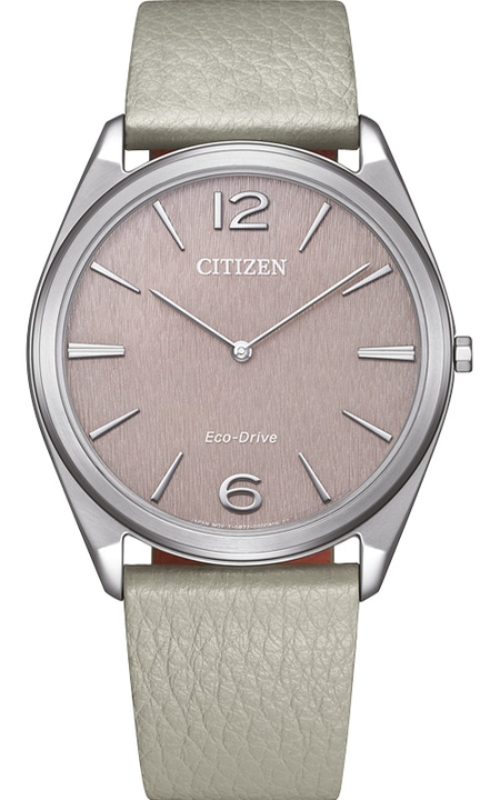 Citizen watch with a light grey leather strap and a pinkish face.