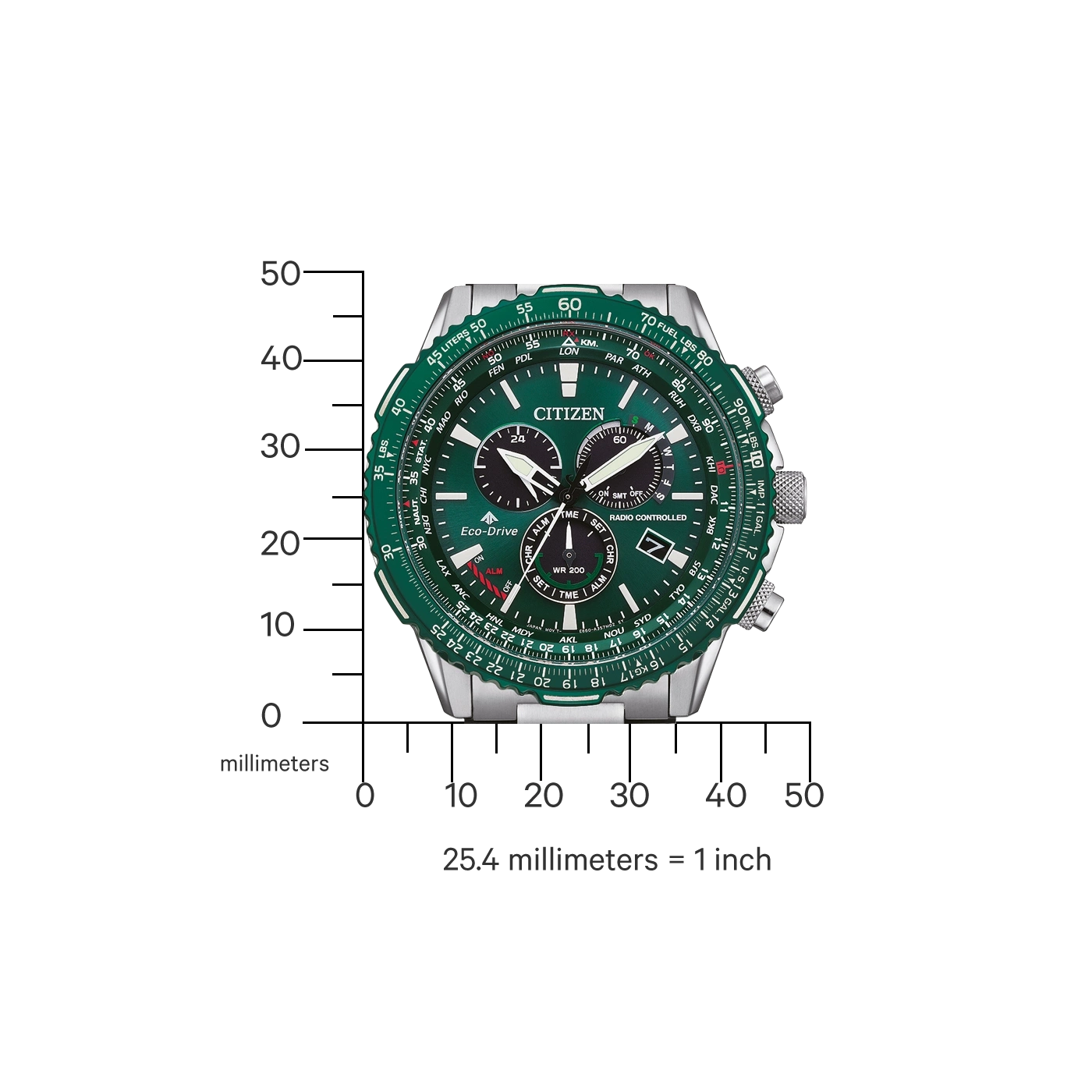 Citizen watch with green dial and silver case, showing time and functions.