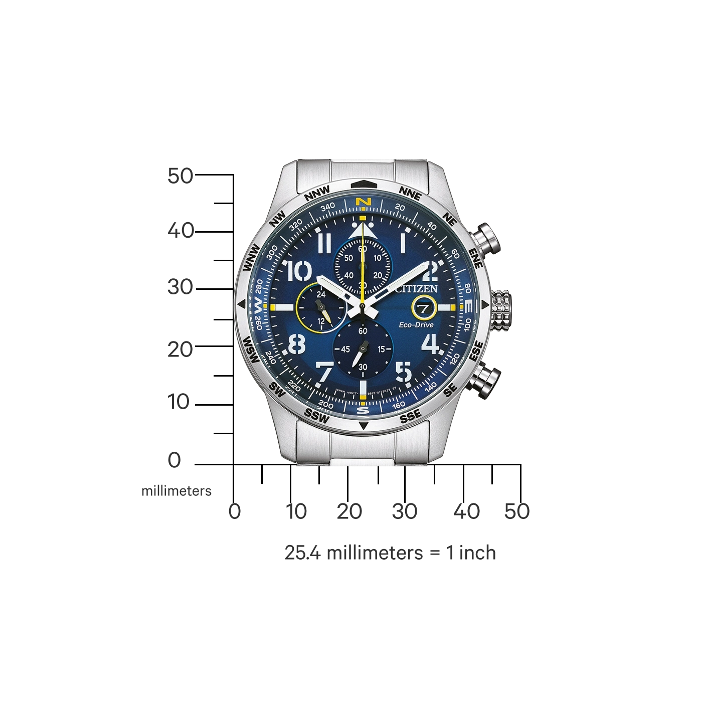 Citizen watch with blue face, chronograph, and compass markings, measuring in millimeters.