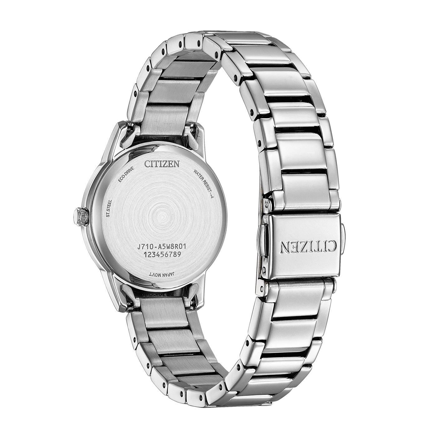Citizen watch back, stainless steel, Eco-Drive, water resistant, Japan movement.