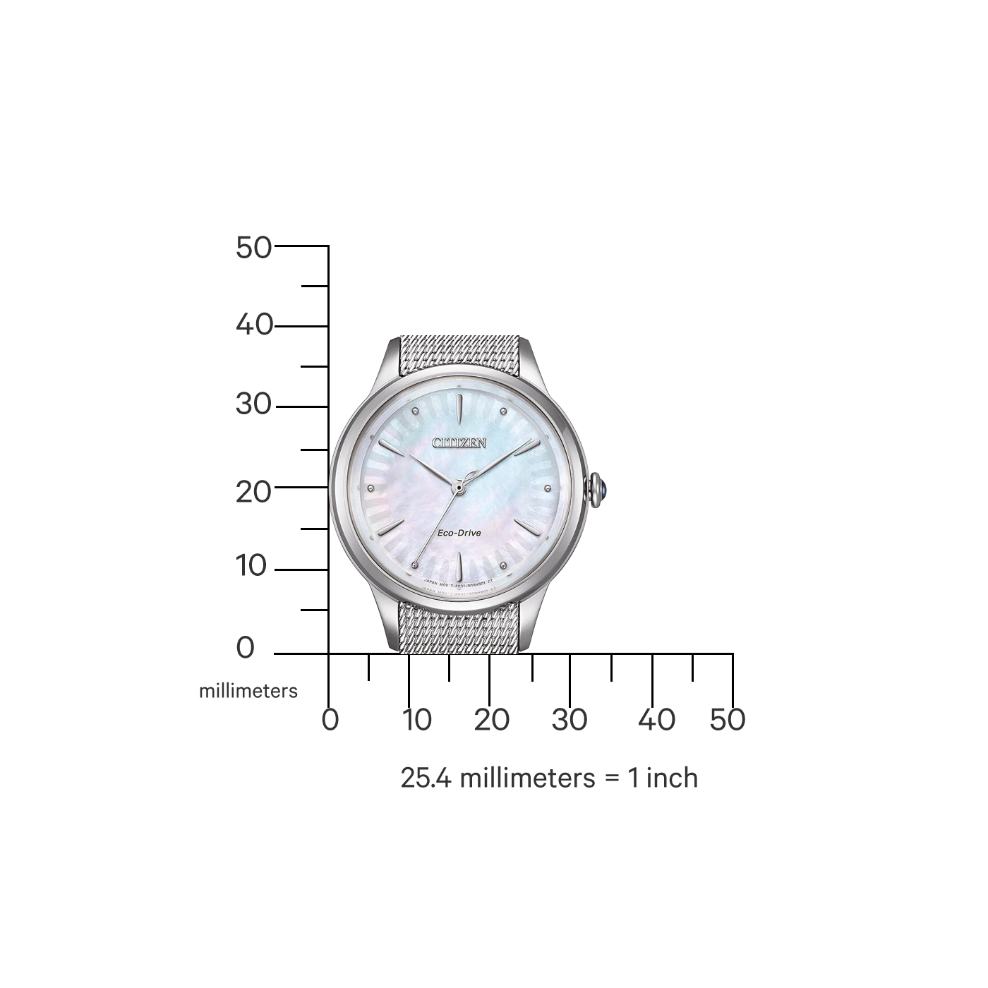 Citizen watch with a scale showing millimeters and the conversion to inches.