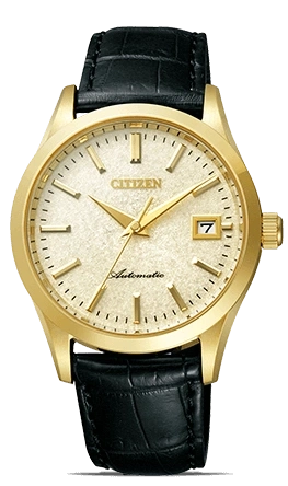 Gold Citizen watch with black leather strap and date display.