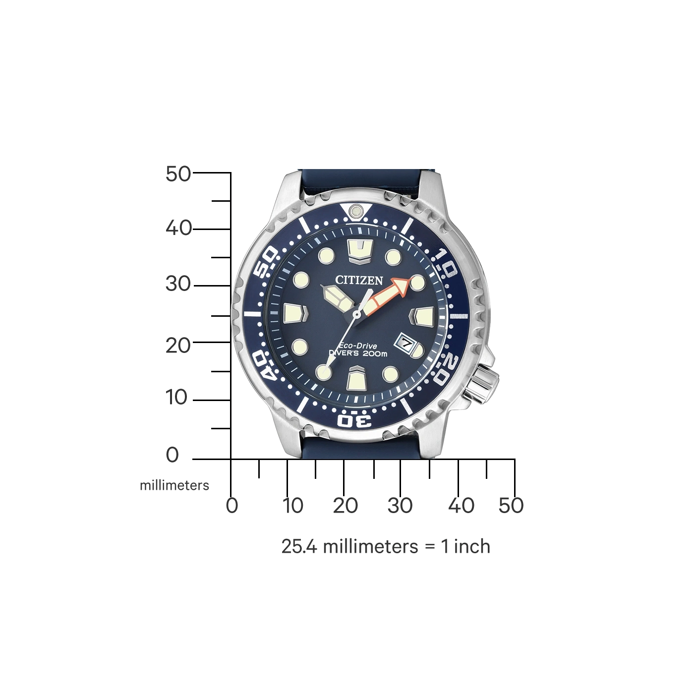 Citizen watch with blue dial and bezel, showing time and date, with scale.