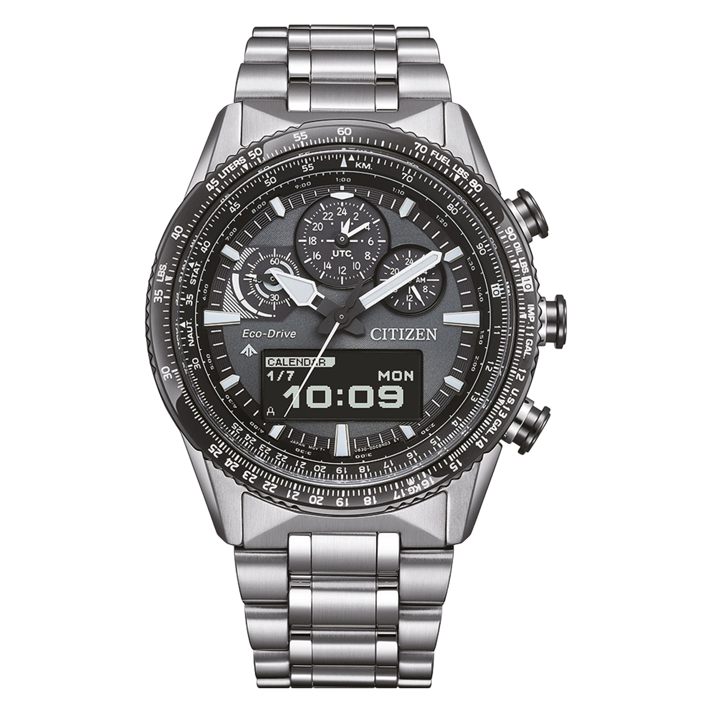 Citizen watch with digital display showing time and date, stainless steel.