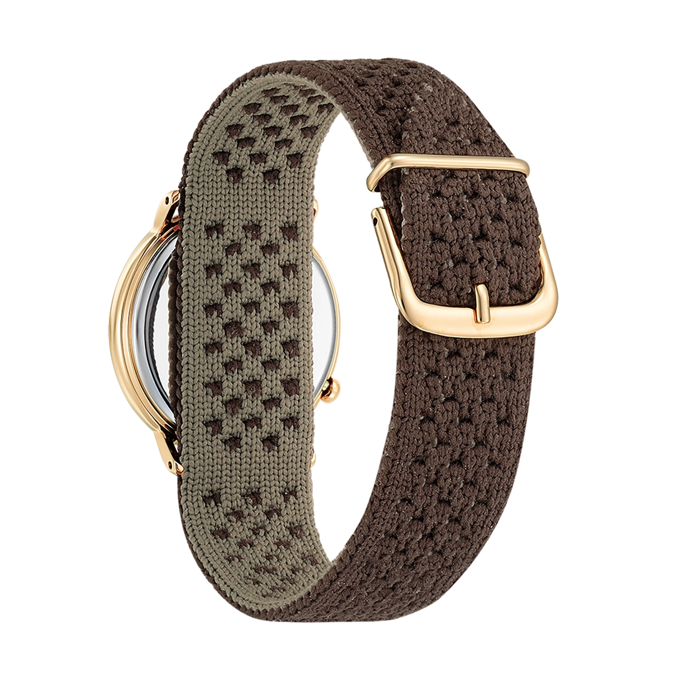 Watch with a brown and green woven strap and gold buckle.