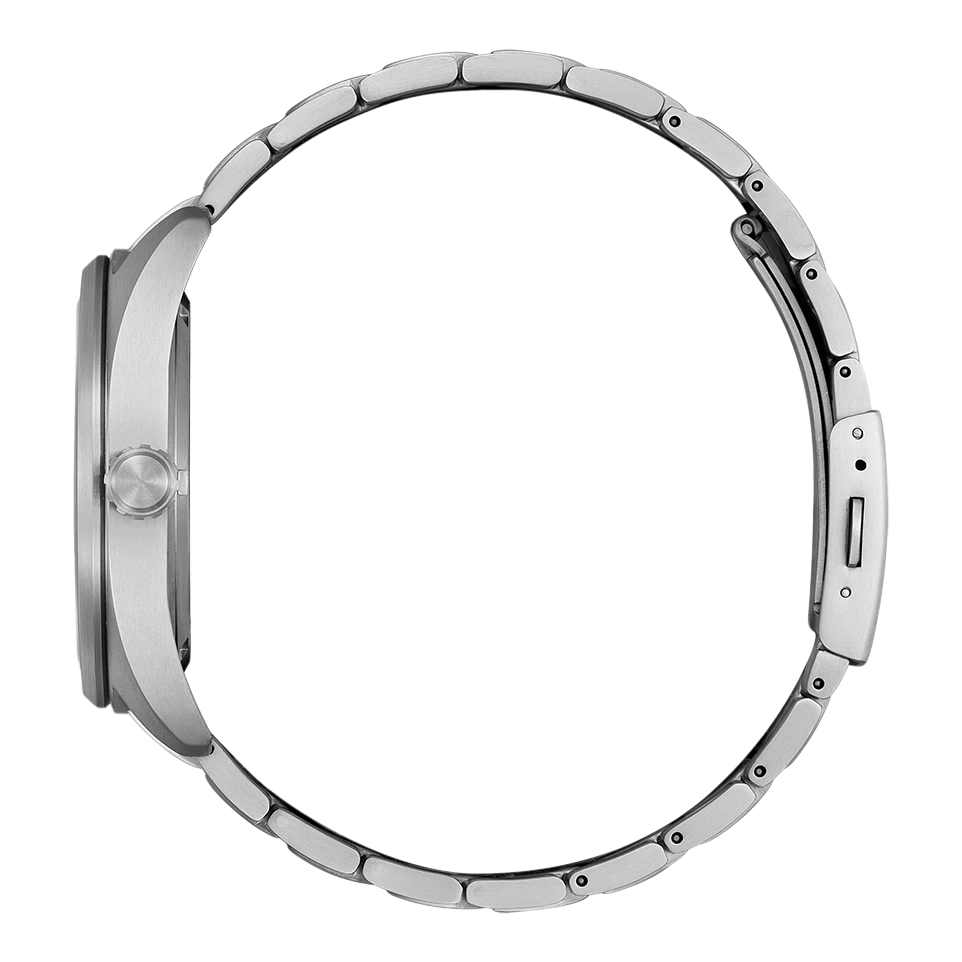 Silver watch with a circular band and a side view of the watch face.