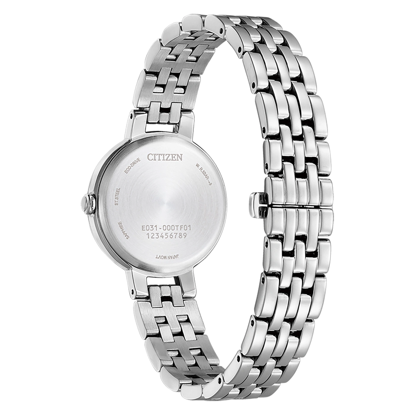 Citizen watch back, stainless steel, Eco-Drive, sapphire, Japan movt, W.R.5BAR