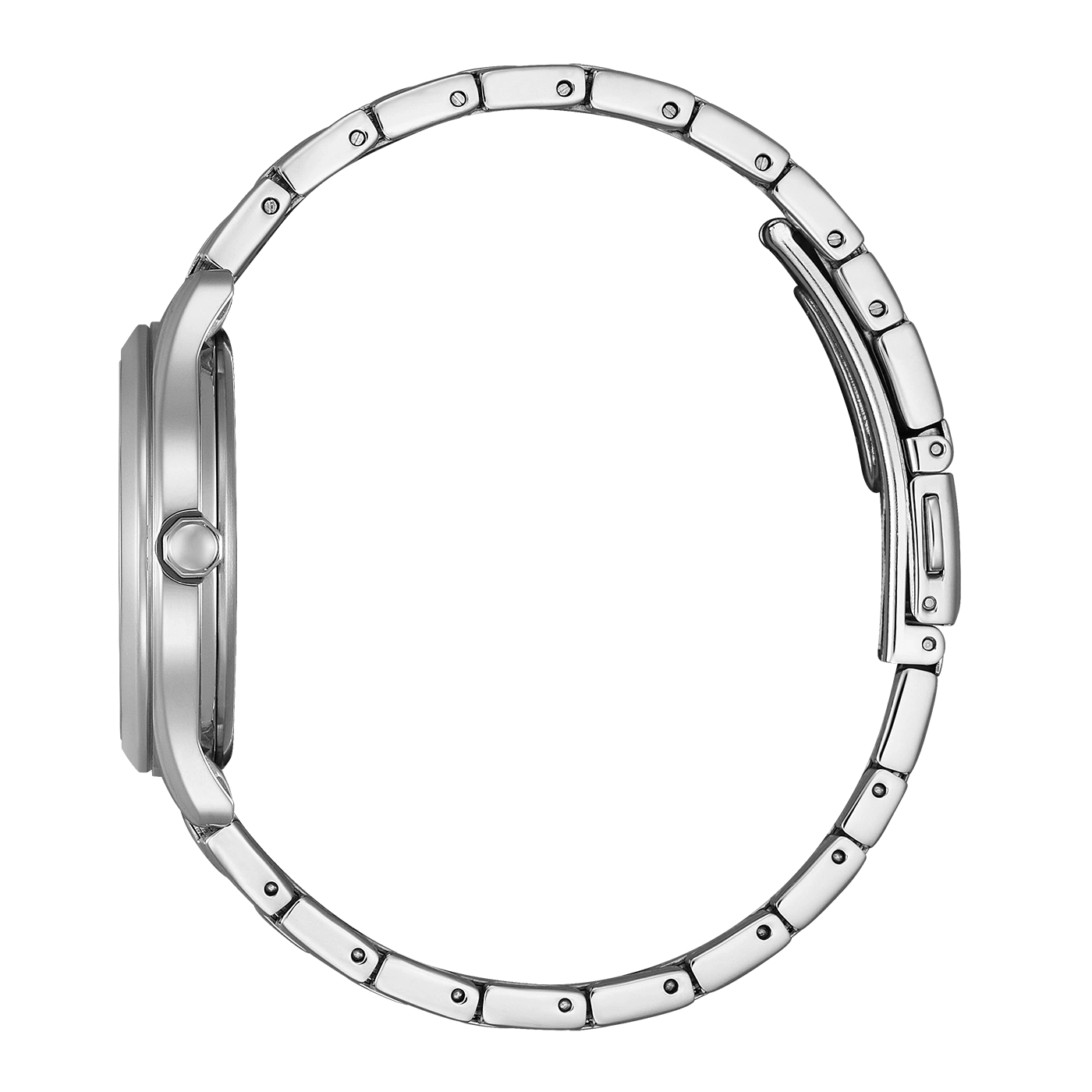 Side view of a silver watch with a metal band
