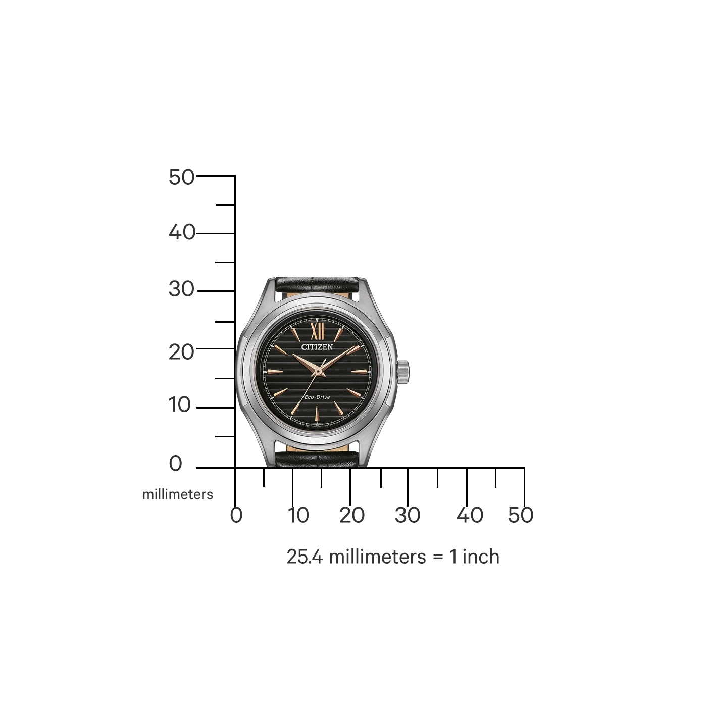 Citizen watch with black face and silver case, measuring scale in millimeters.