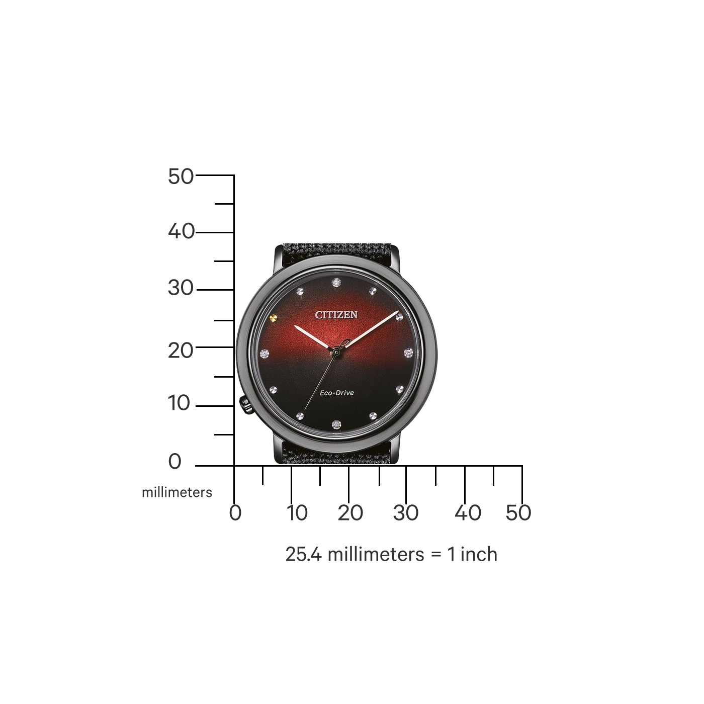 Citizen watch with a black and red face, diamonds, and a black strap.