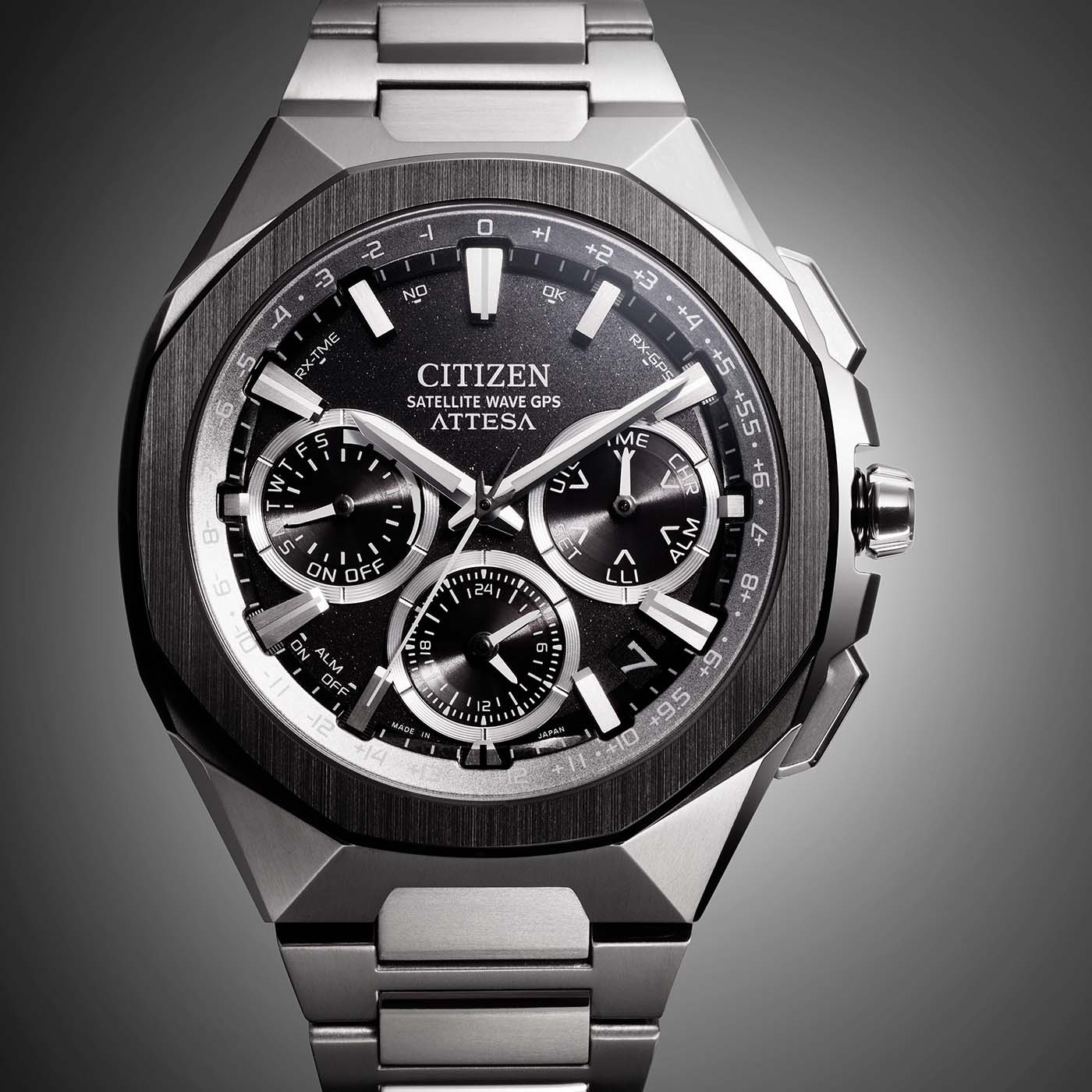 Citizen Attesa watch with black face, satellite wave GPS, and stainless steel bracelet.
