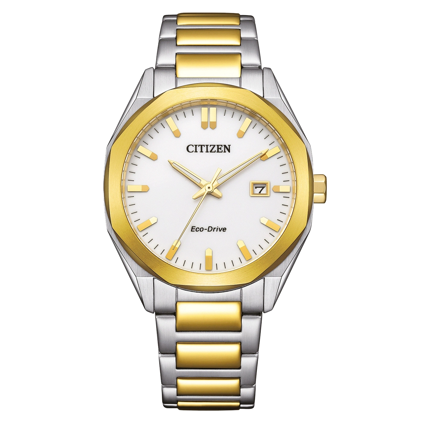 Citizen watch with gold and silver accents, white face, and date display.