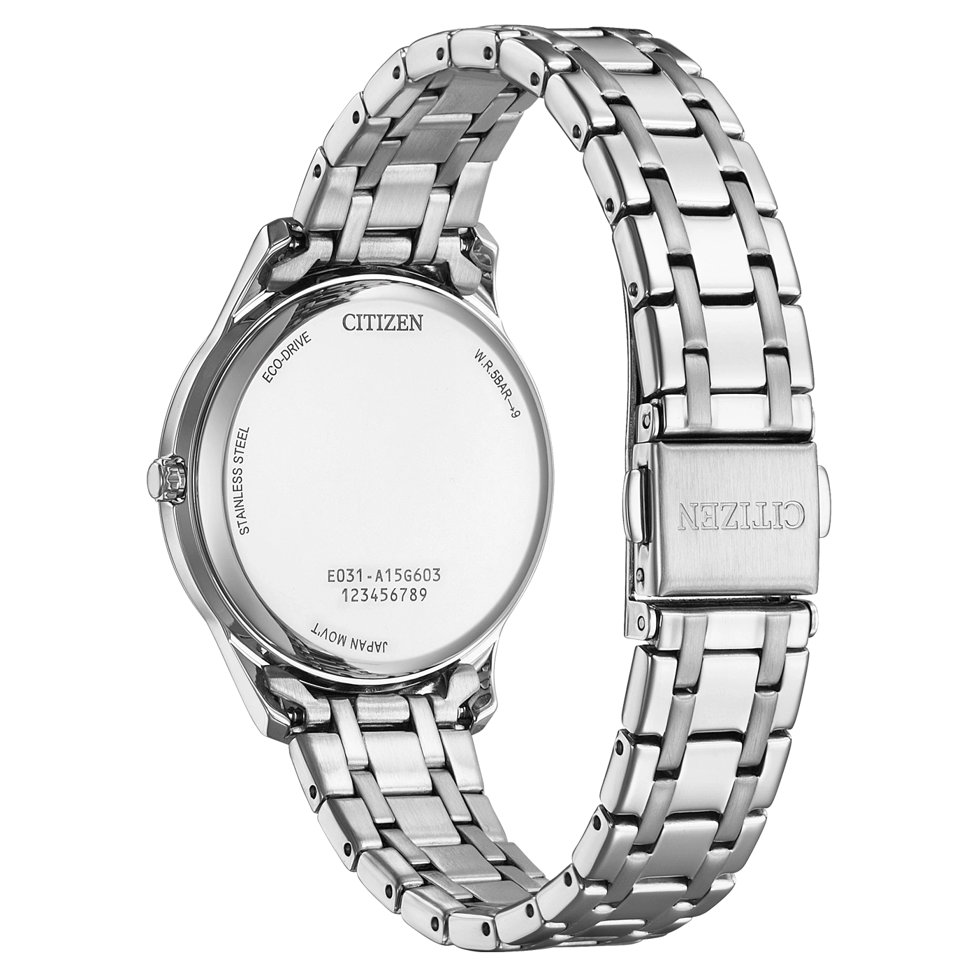 Citizen watch back, stainless steel, Eco-Drive, Japan Mov't, W.R.5BAR-9, model number.