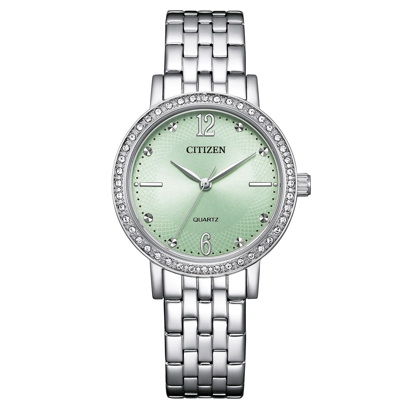 Citizen watch with a green face and silver band, quartz movement.