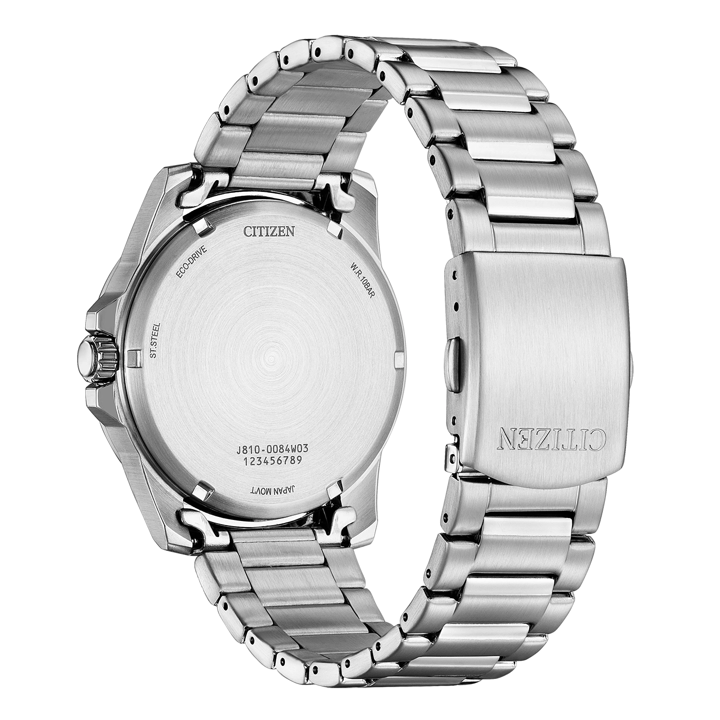 Citizen watch back, stainless steel, Eco-Drive, W.R. 10BAR, Japan Movt.
