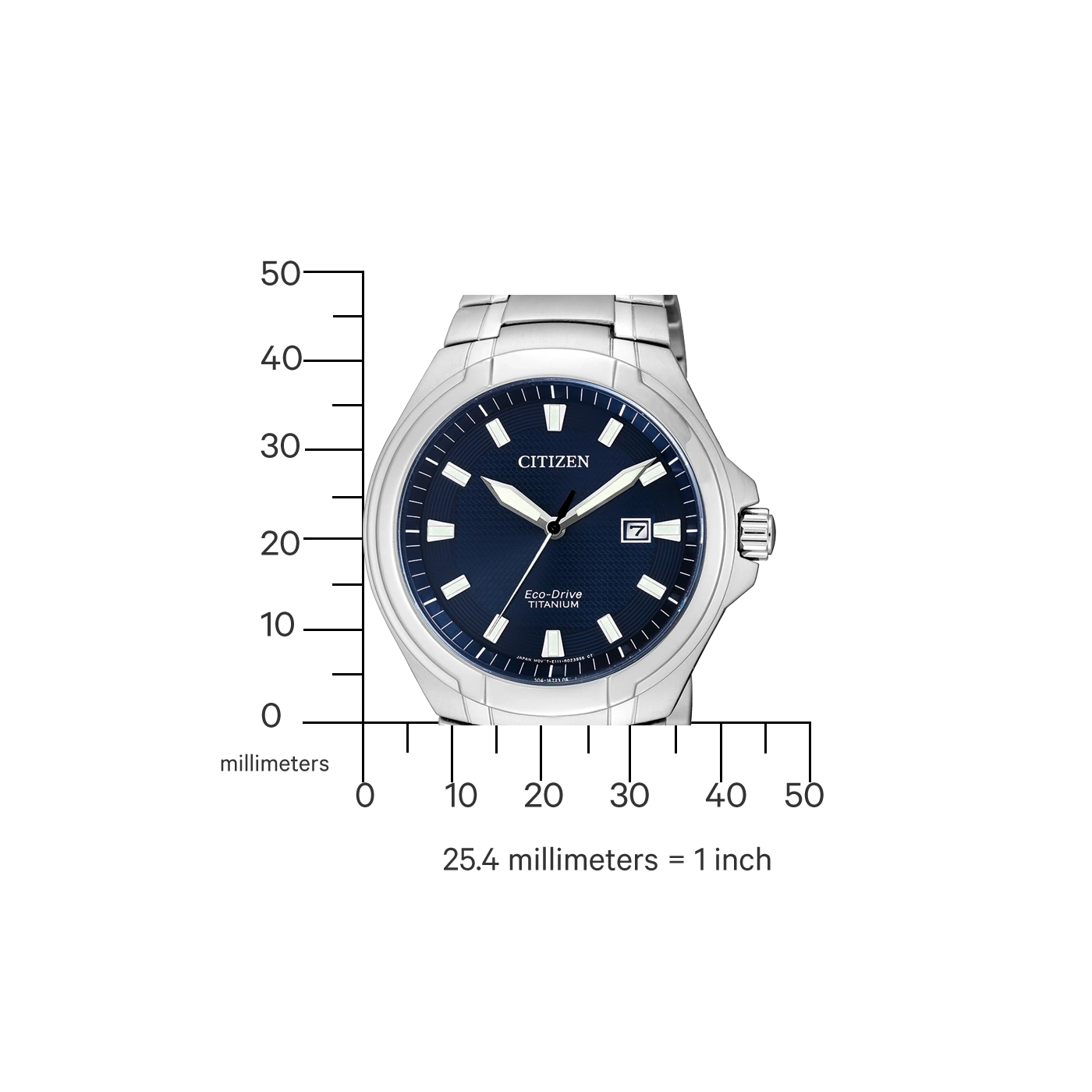 Citizen watch with blue face and titanium band, Eco-Drive technology.
