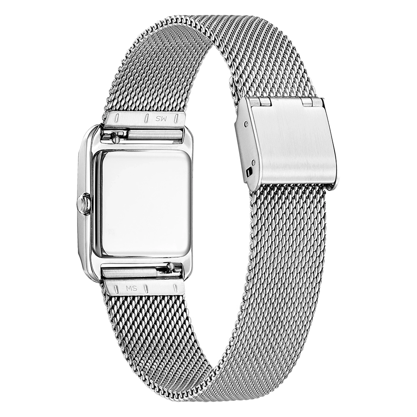 Silver watch with mesh strap, rectangular face, clasp, and MS markings.