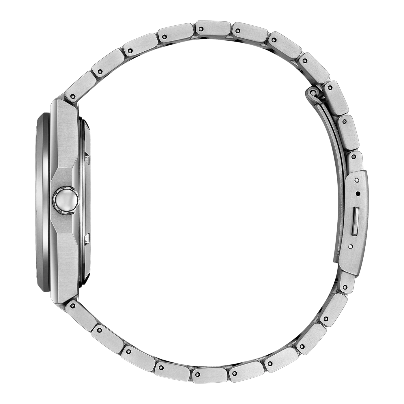 Silver watch with a metal strap, side view, elegant design, modern style.