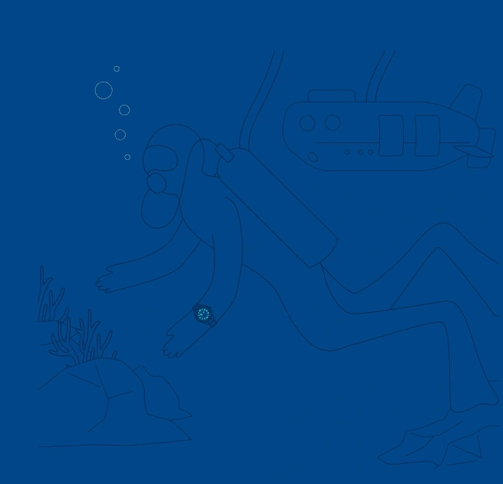 Diver with watch, bubbles, submarine, coral, and rocks in the ocean.