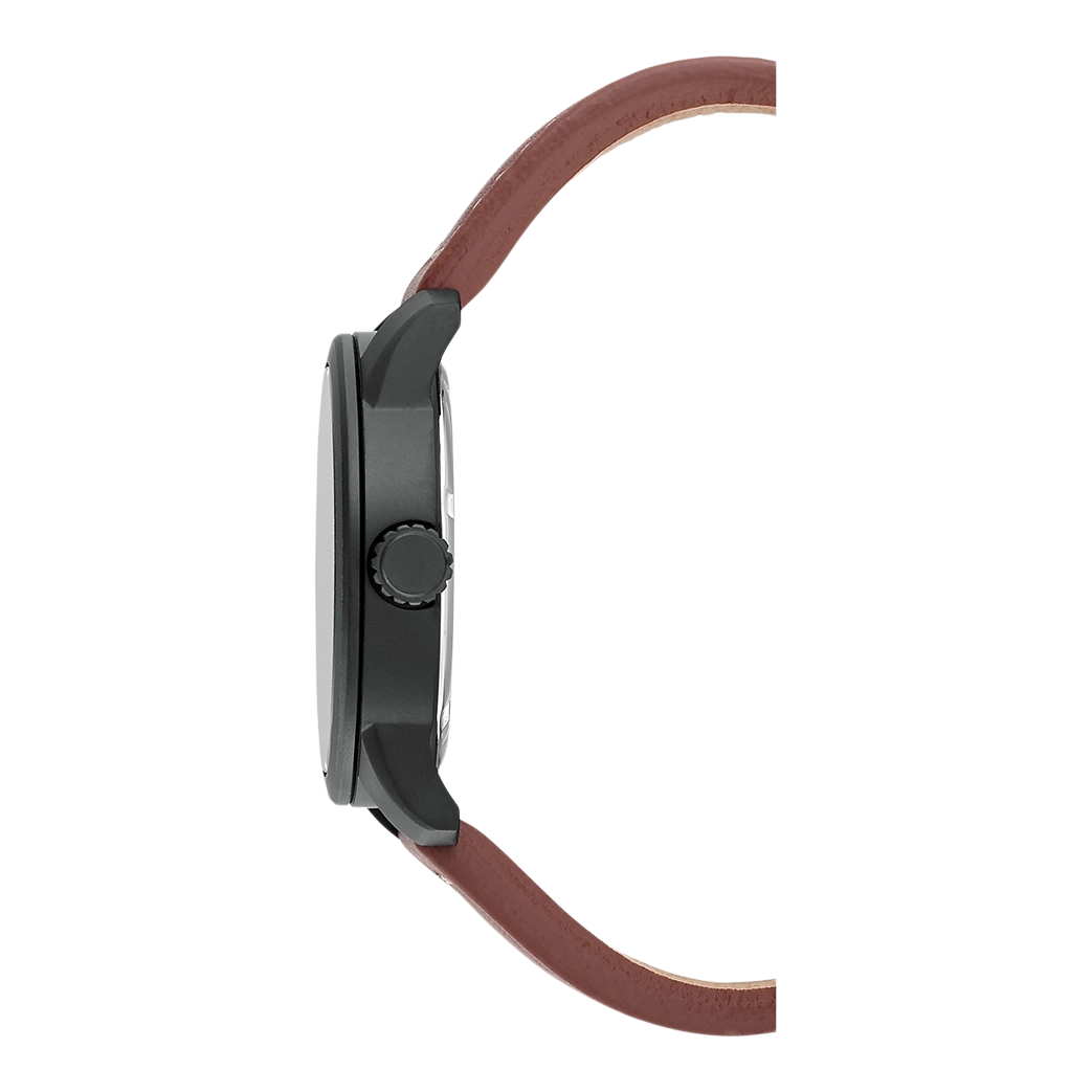 Side view of a black watch with a brown leather strap.