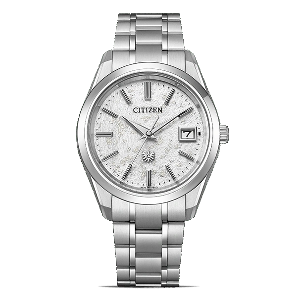 Citizen watch with a silver band and a textured white face.