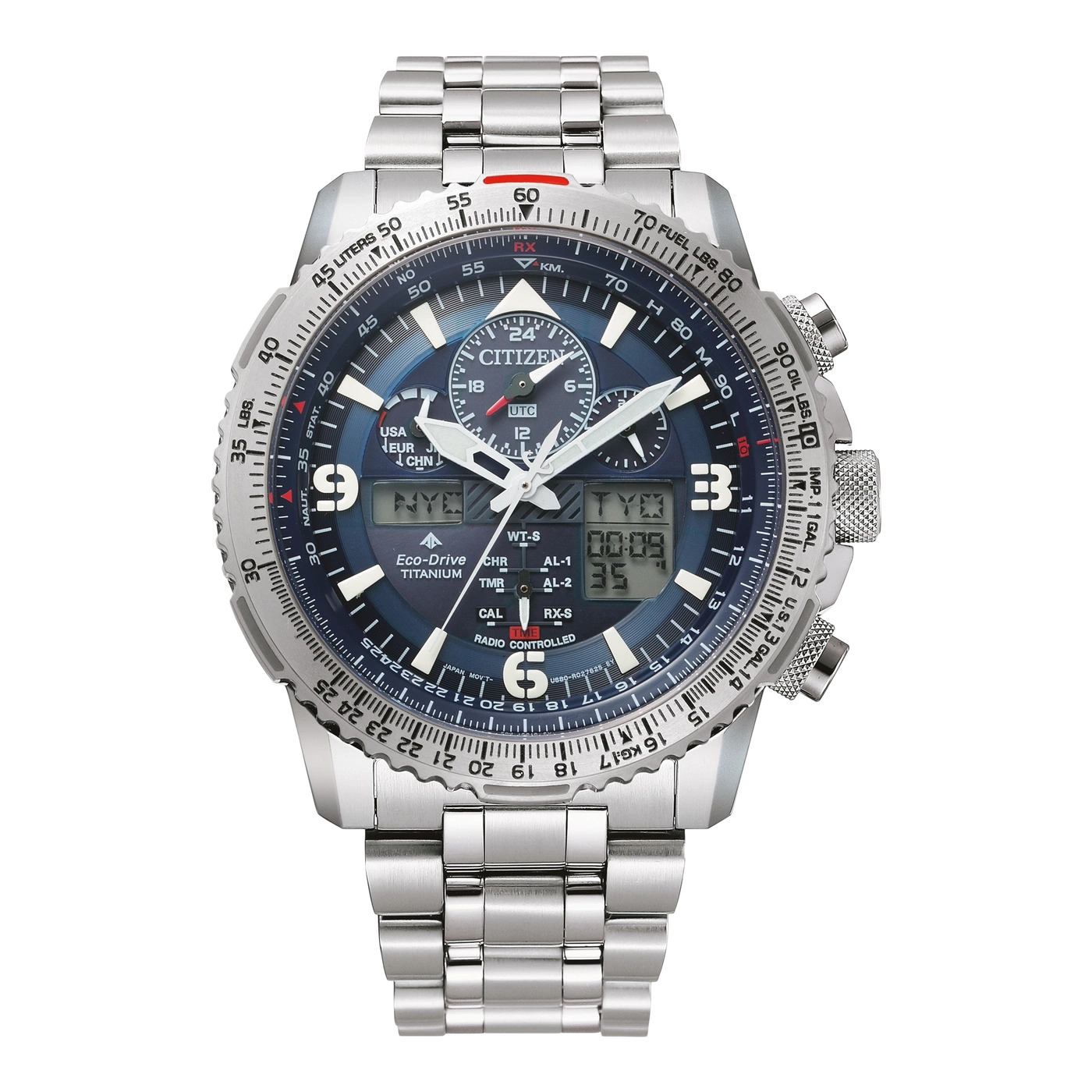 Citizen watch with blue dial, titanium, radio controlled, and digital display showing time.