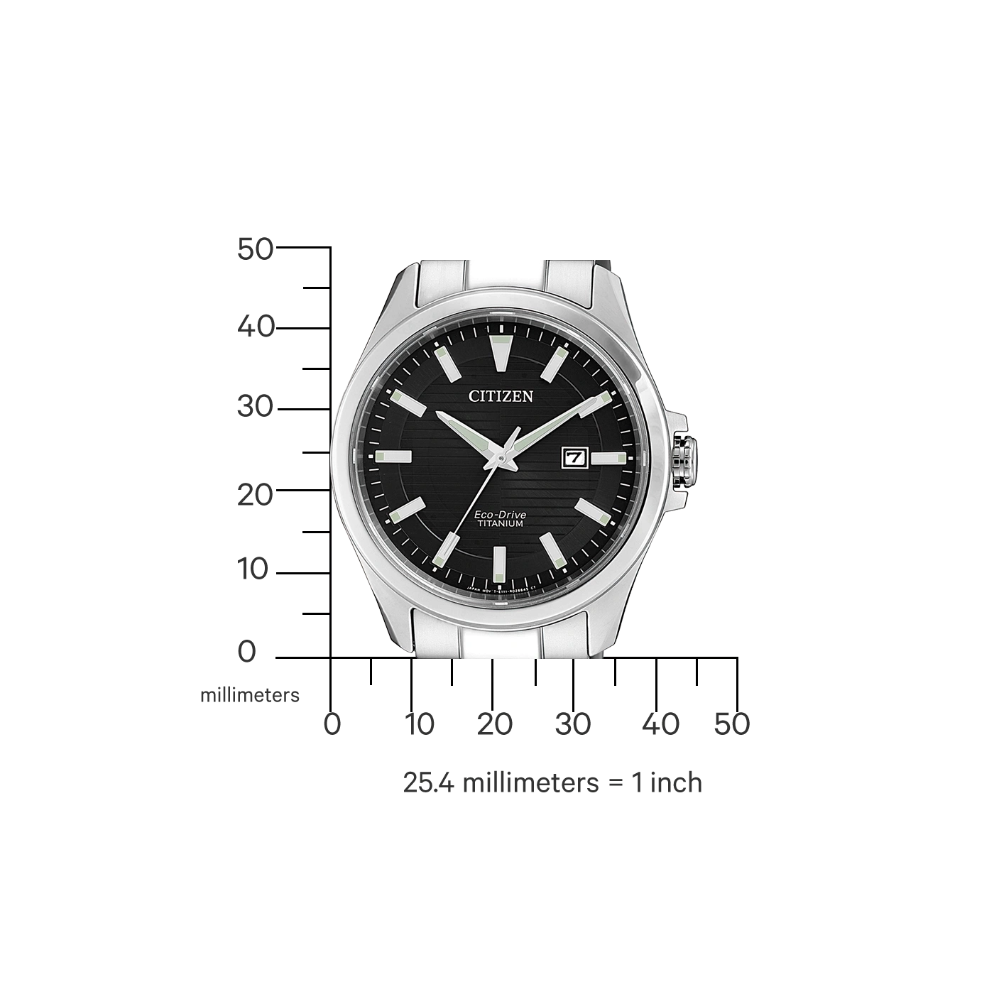 Citizen watch with black face, titanium, Eco-Drive, and date display.