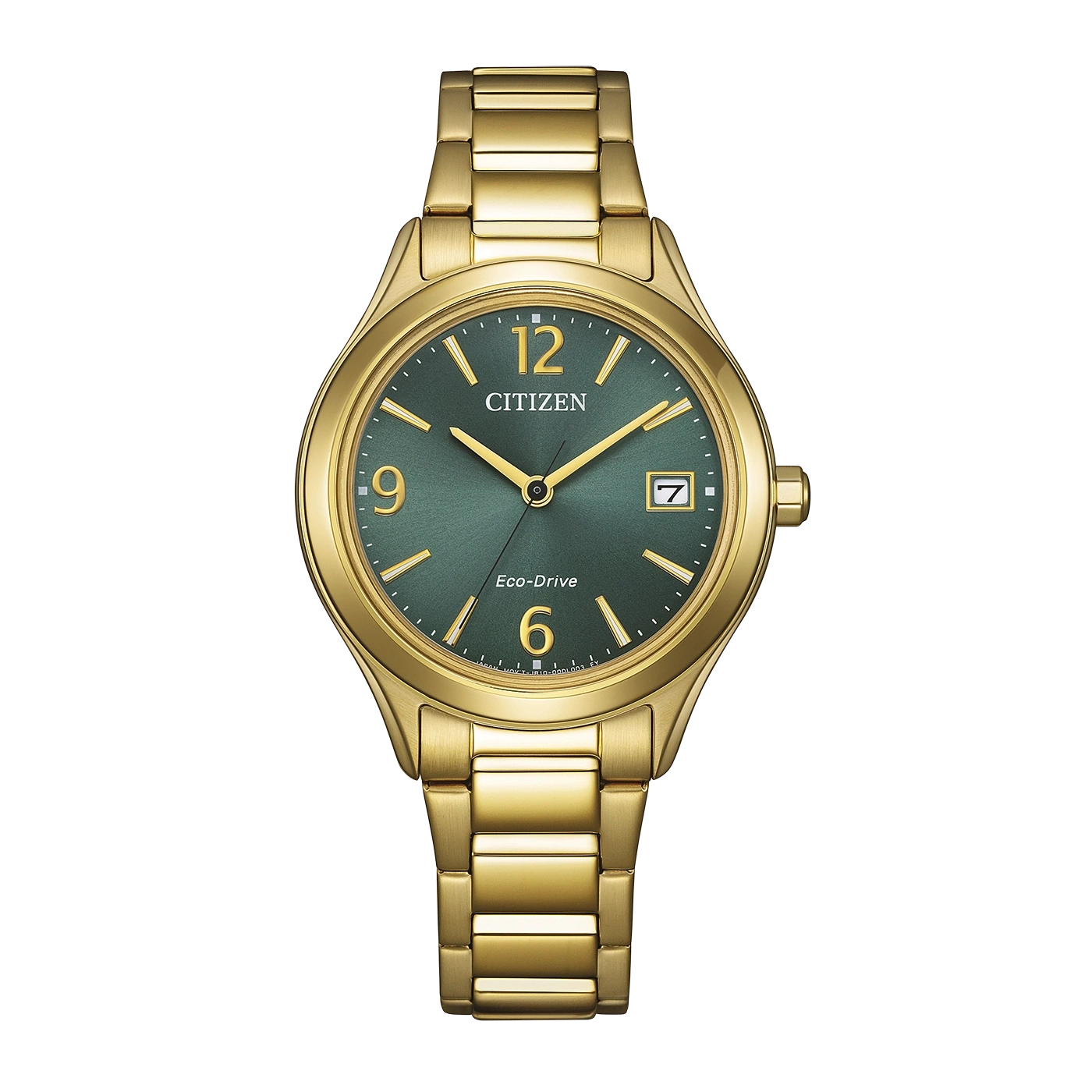 A gold Citizen Eco-Drive watch with a green dial and date window.
