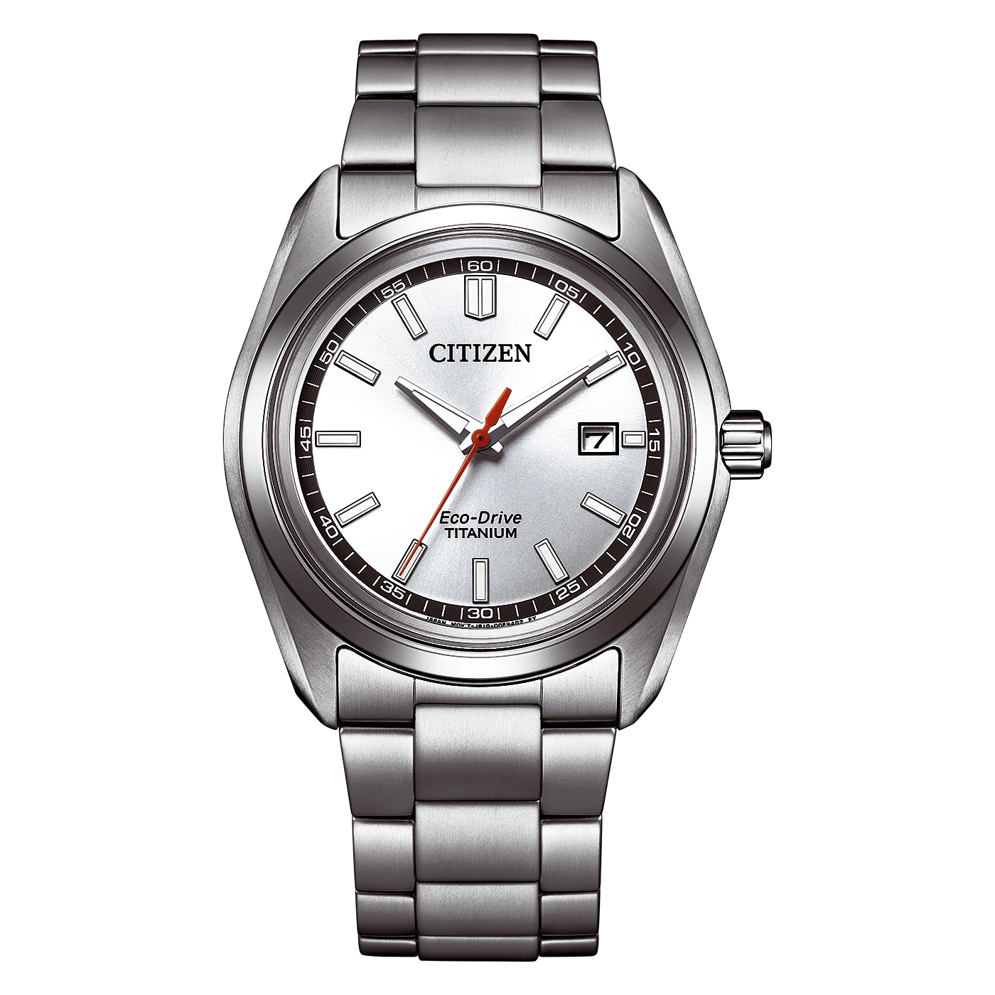 A silver Citizen Eco-Drive Titanium watch with a white dial.