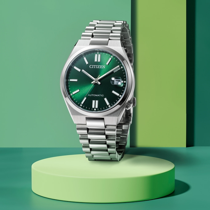 Citizen watch with green face and silver band on a green platform.