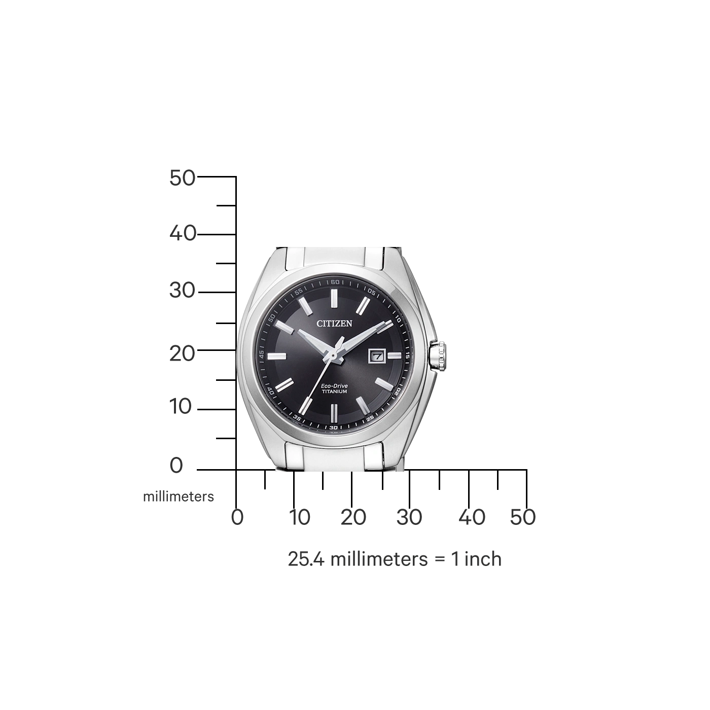 Citizen watch with black face, titanium, and measurement scale.