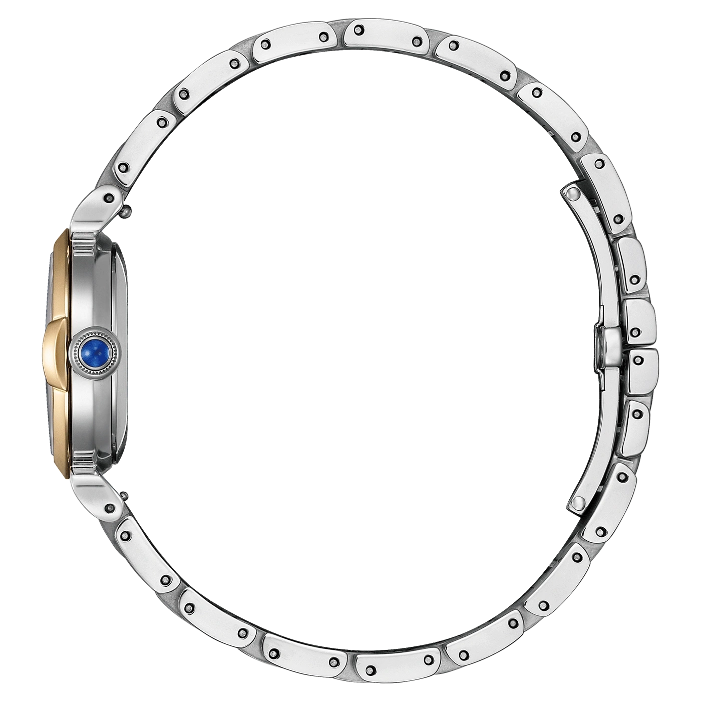 Silver watch with gold accents and a blue gem on a white background.