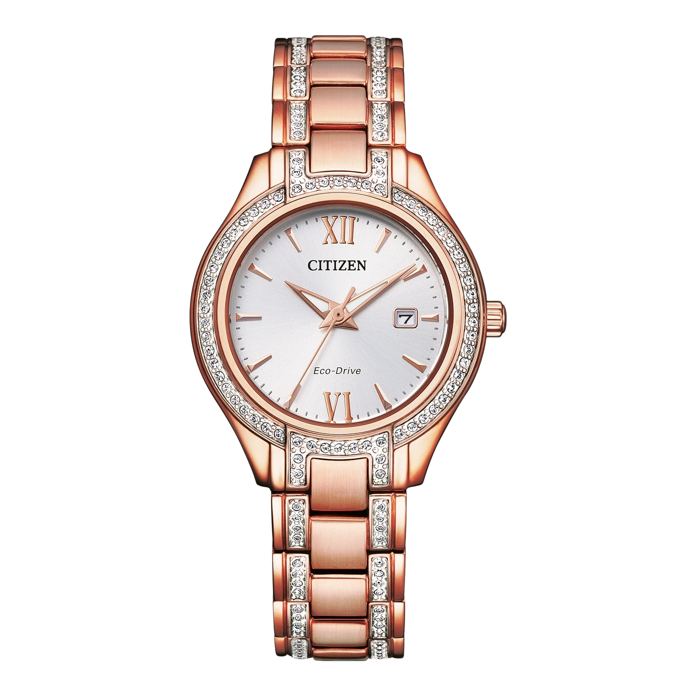 Rose gold Citizen watch with diamonds, Eco-Drive, Roman numerals, and date display.