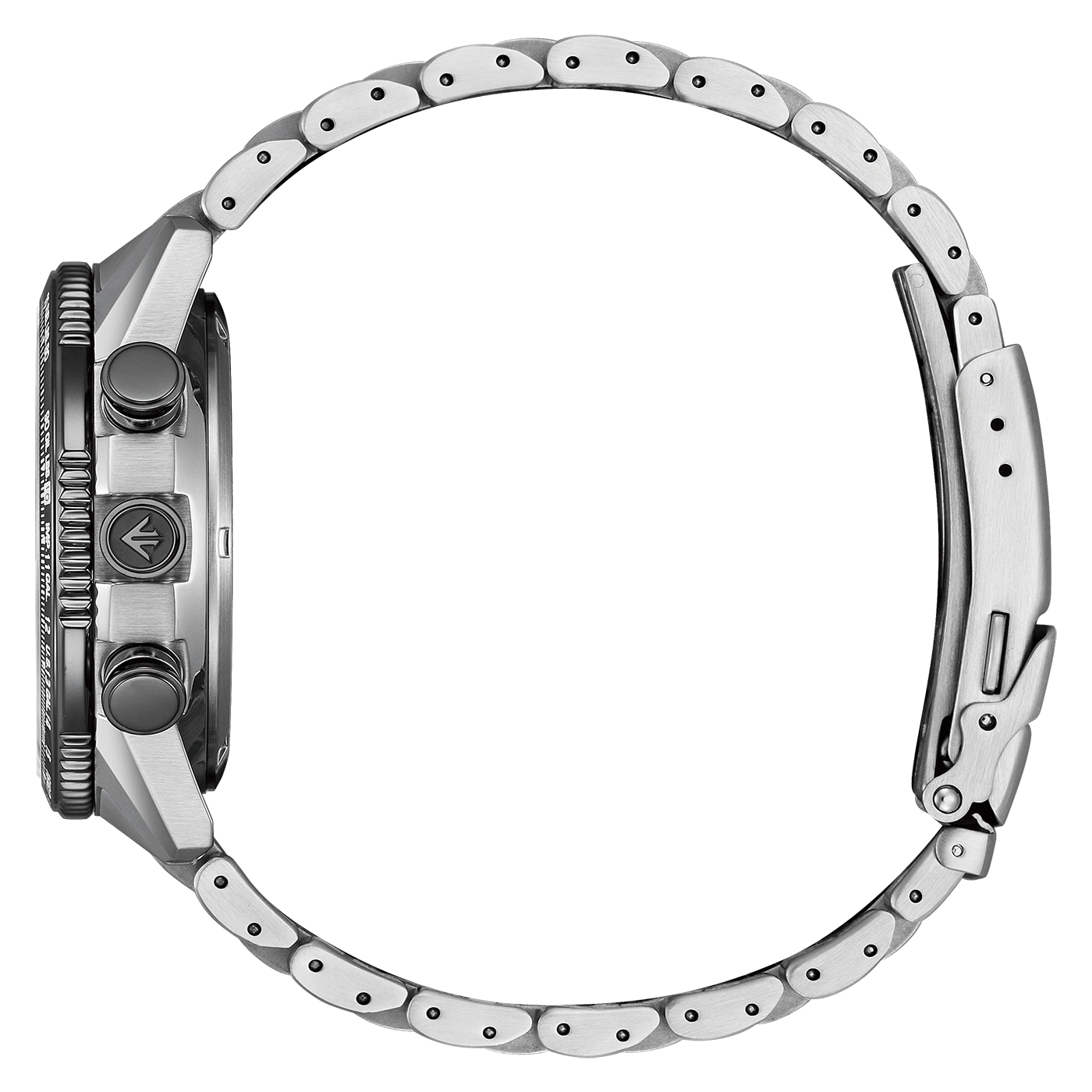 Side view of a silver wristwatch with a black dial and band.