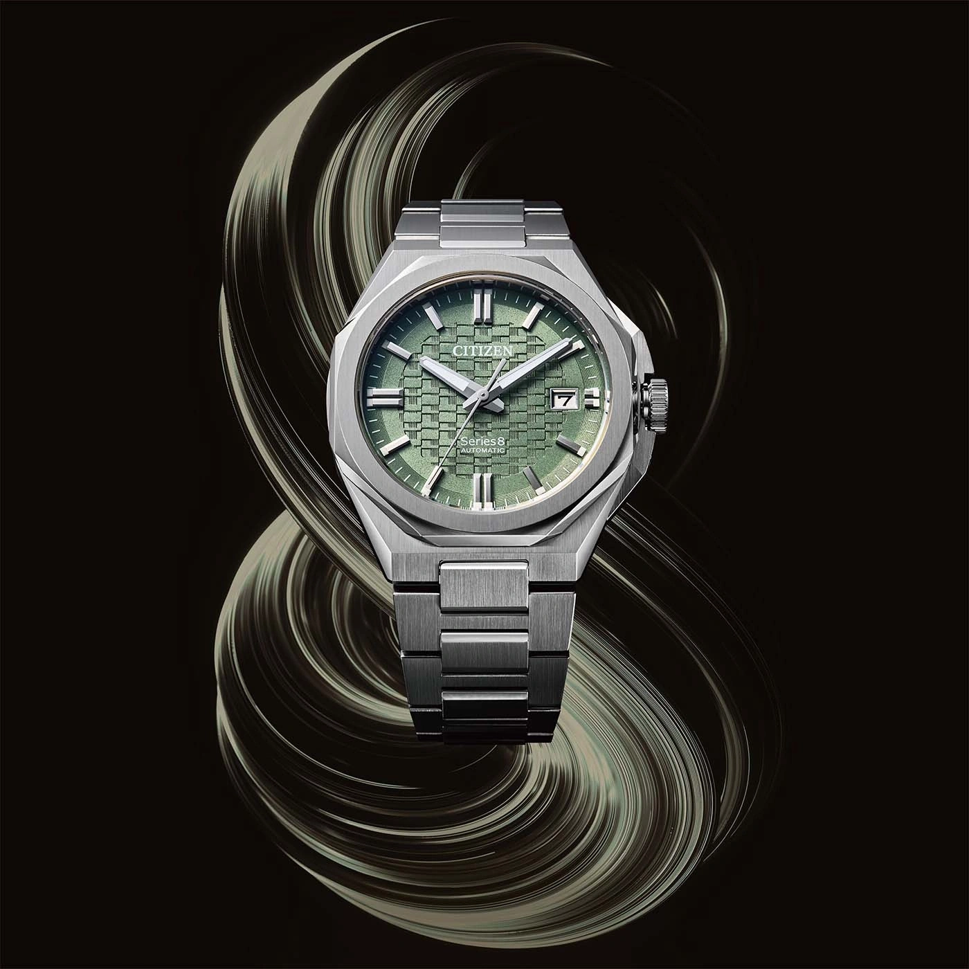 A modern Citizen Series 8 automatic watch with a green textured dial and metal bracelet.