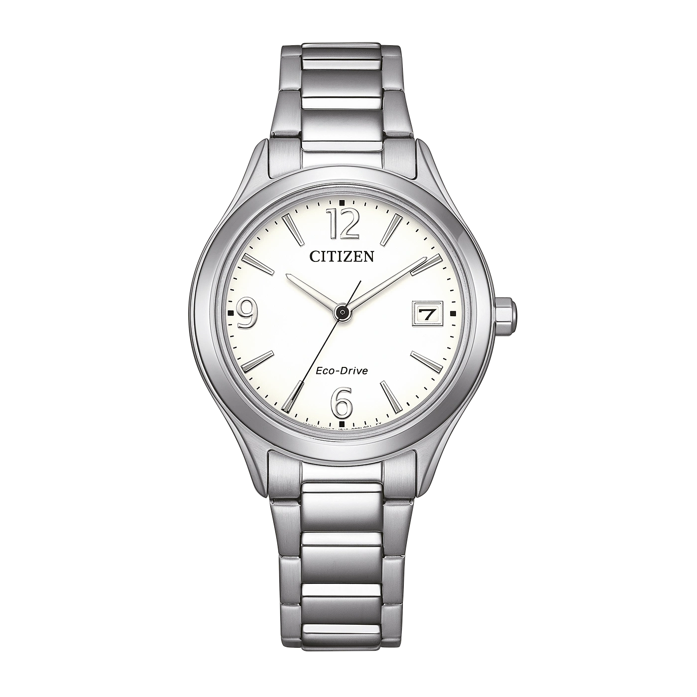 A Citizen Eco-Drive watch with a white dial and silver band.