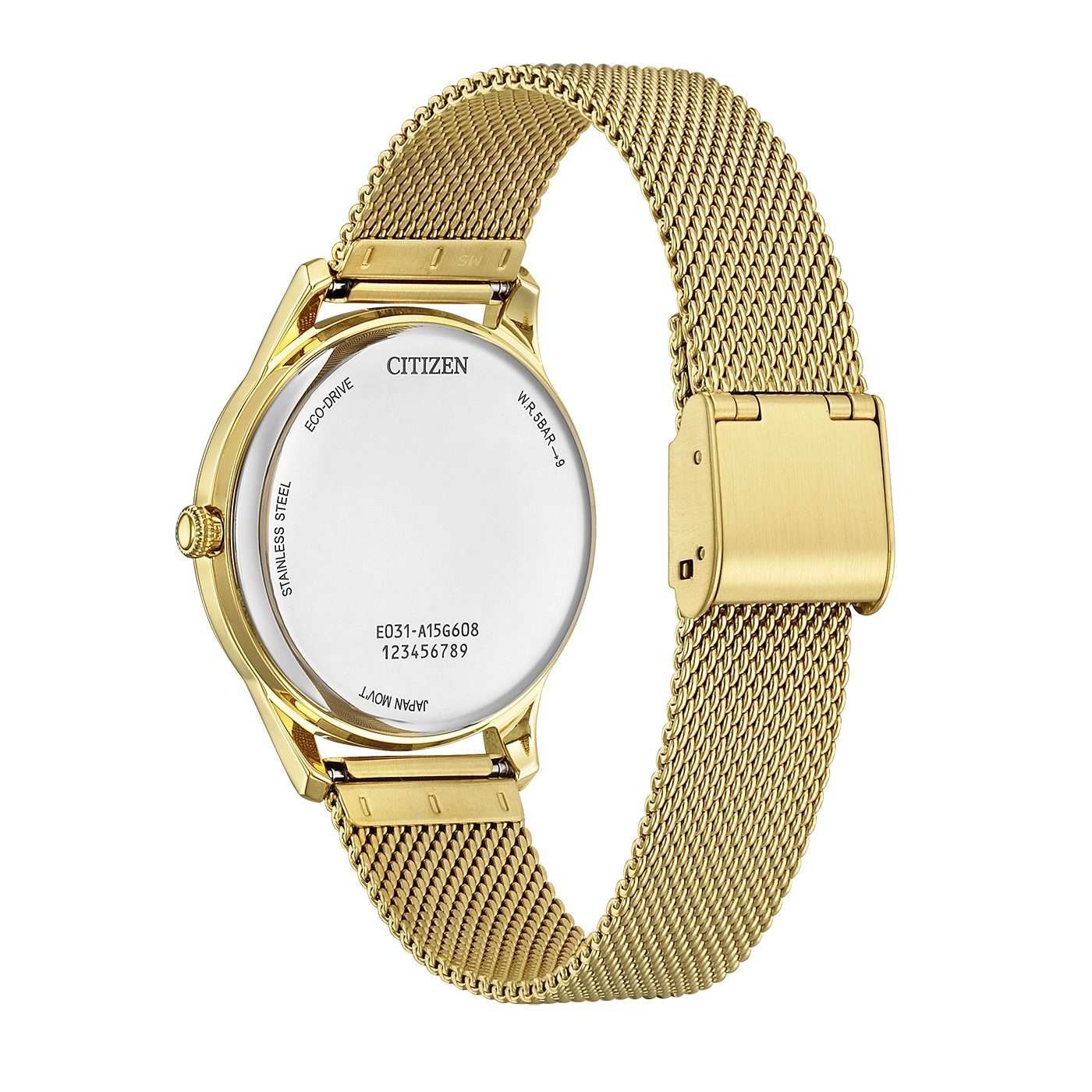 Gold Citizen Eco-Drive watch with mesh band, back view.