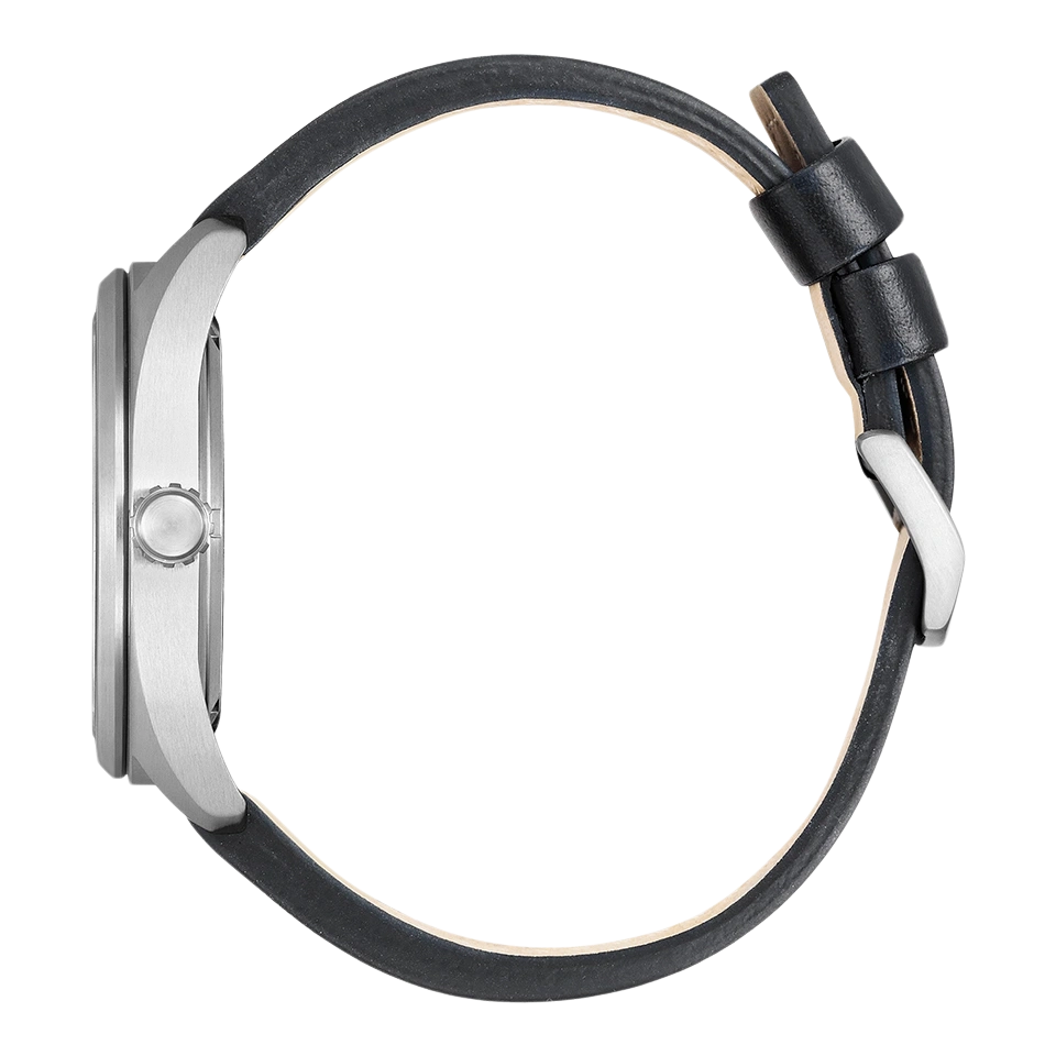 Side view of a silver watch with a black leather strap.