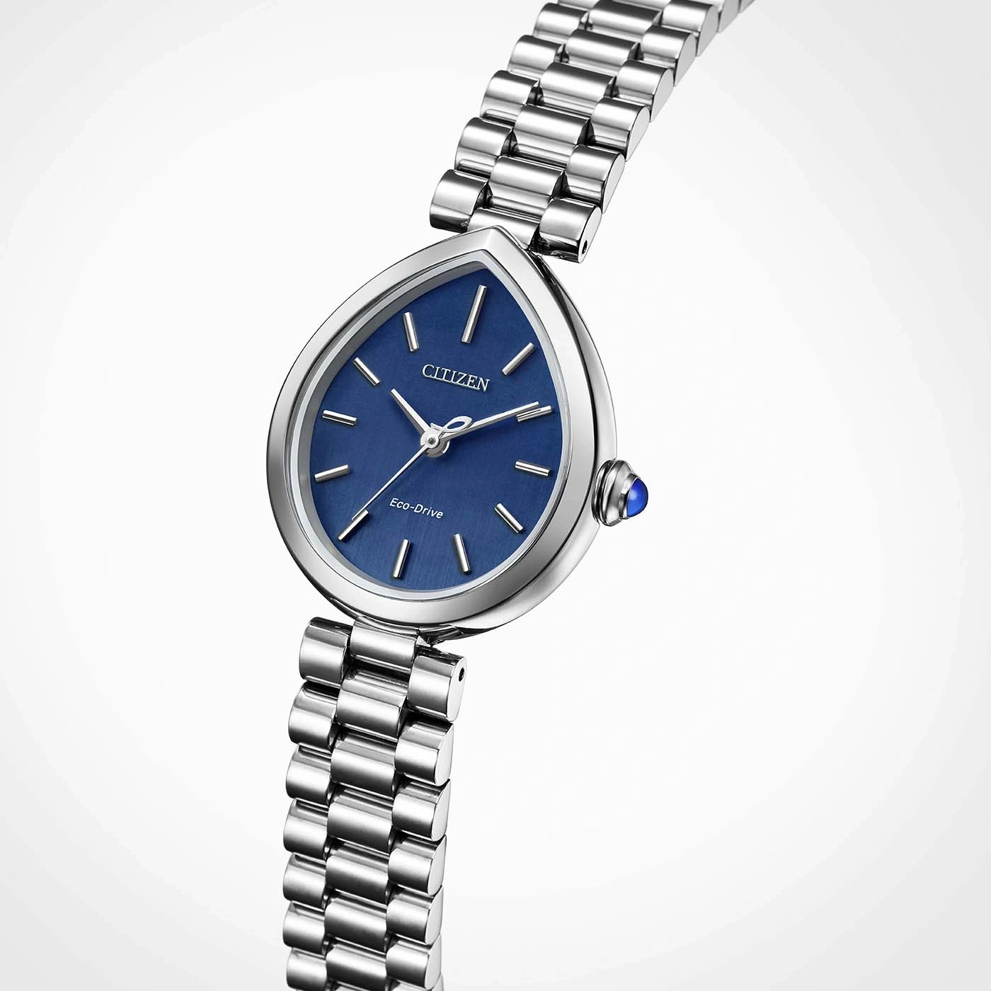 A blue faced Citizen Eco-Drive watch with a teardrop shaped case and a silver metal band.