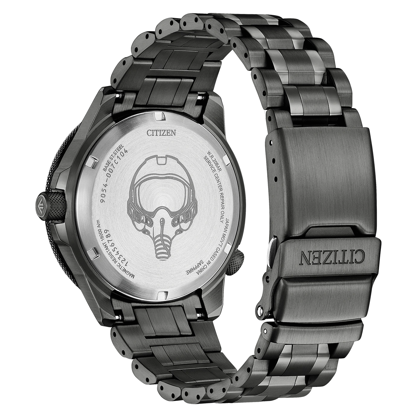 Citizen watch back, black steel, pilot helmet engraving, details visible.