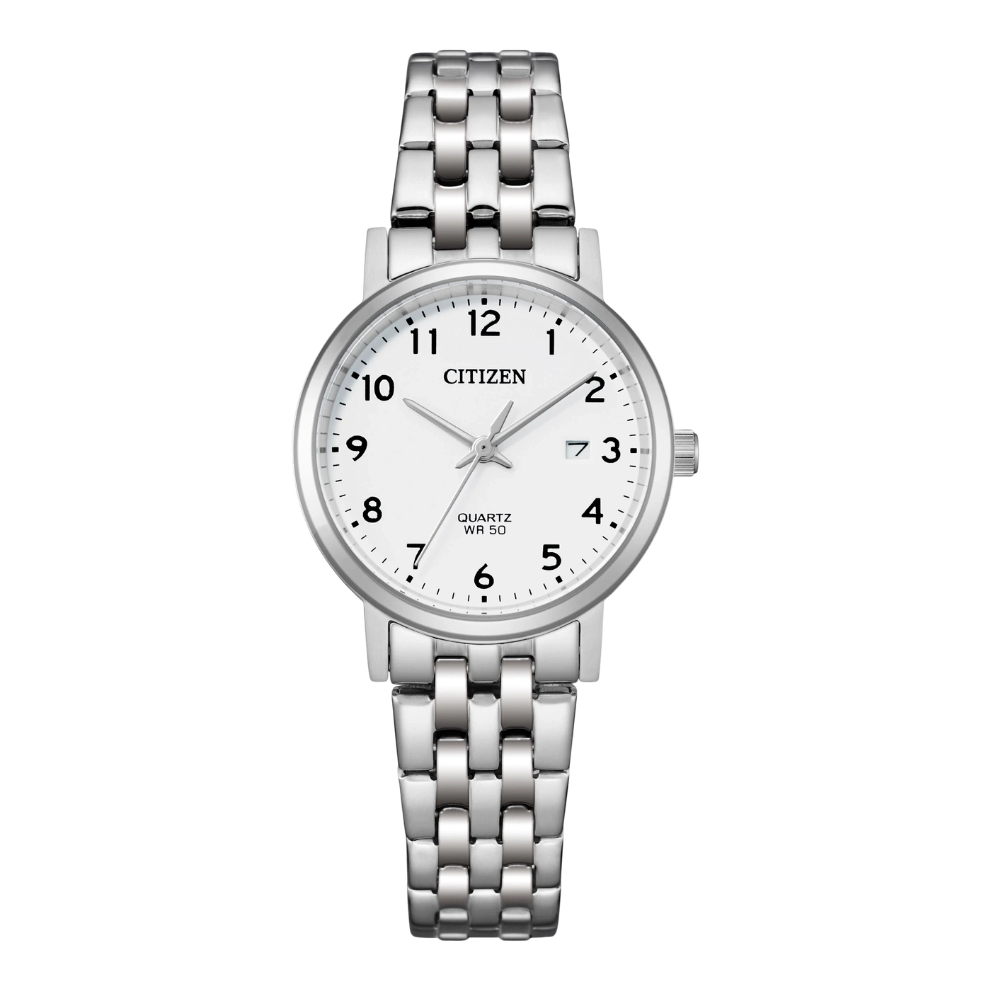 Citizen watch with a white face and silver band, showing the time.