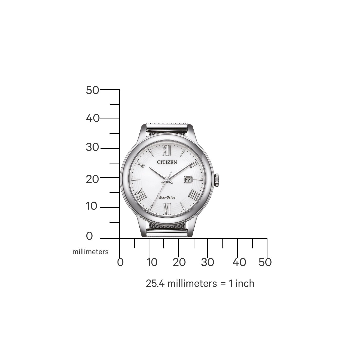 Citizen watch with a white face, measuring millimeters, with a scale of 25.4 millimeters = 1 inch.