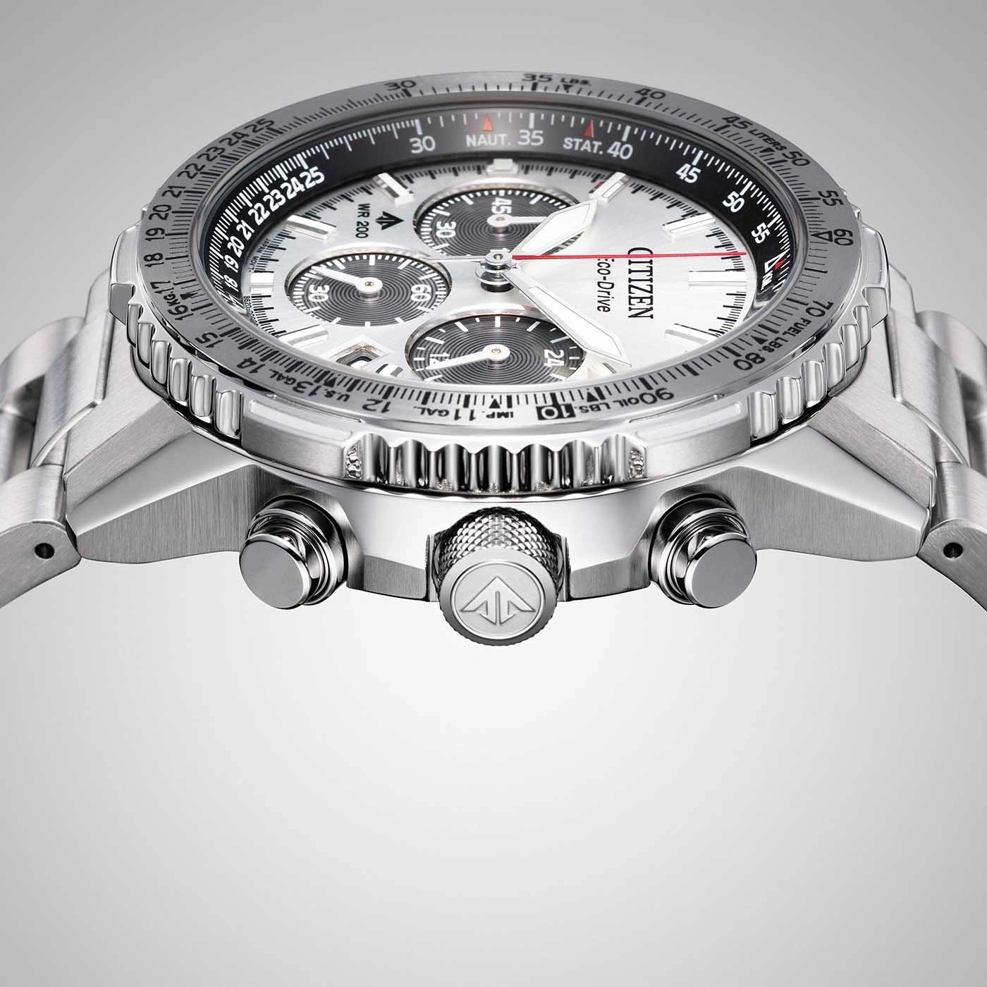 Citizen watch with chronograph, silver dial, and stainless steel bracelet.