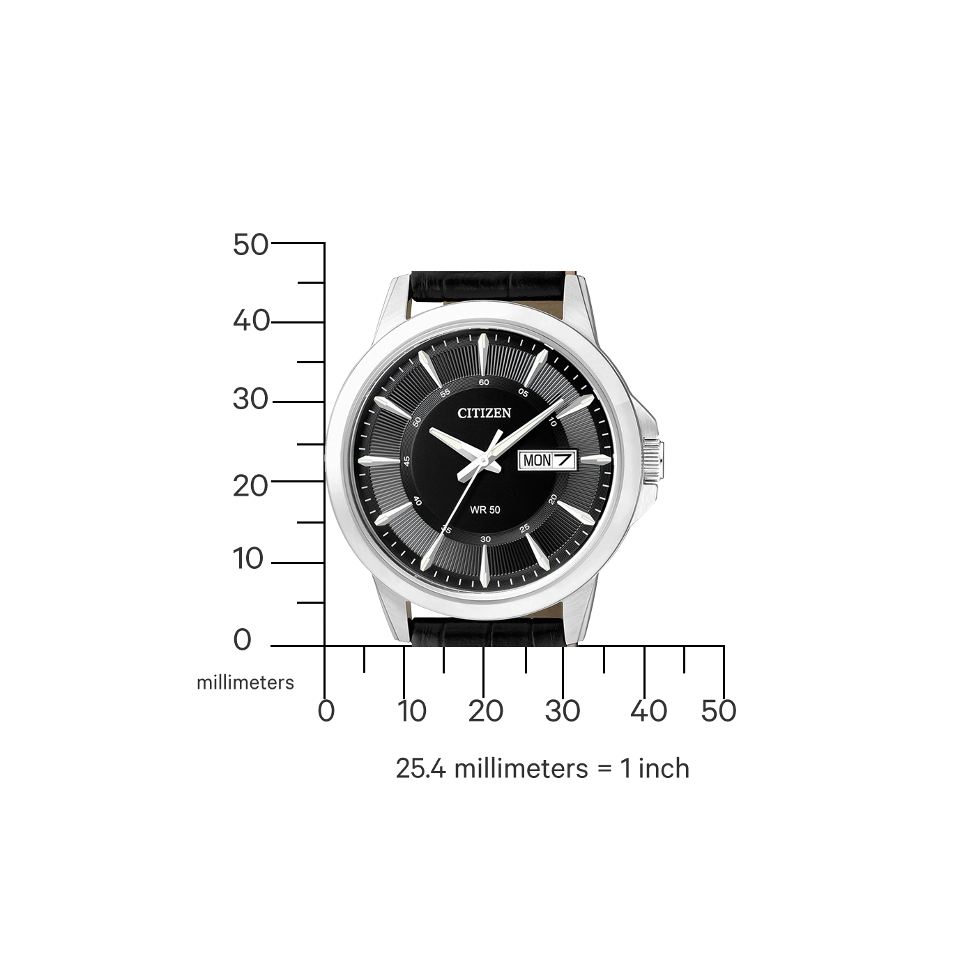 Citizen watch with black face, silver case, and black leather strap. Day display.