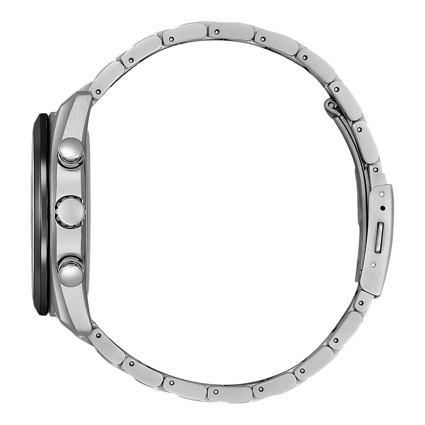 Side view of a silver wristwatch with a metal band and black face.