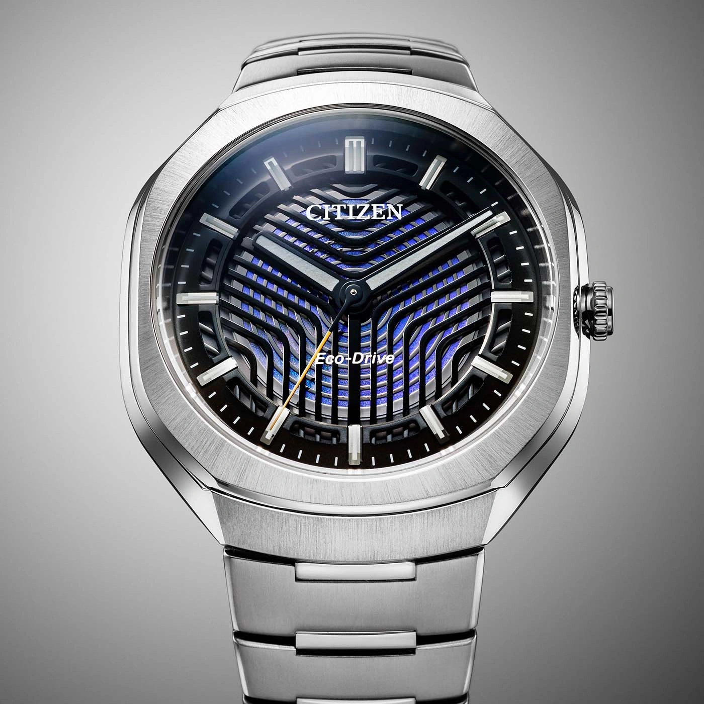 A modern Citizen Eco-Drive watch with a black and blue dial.