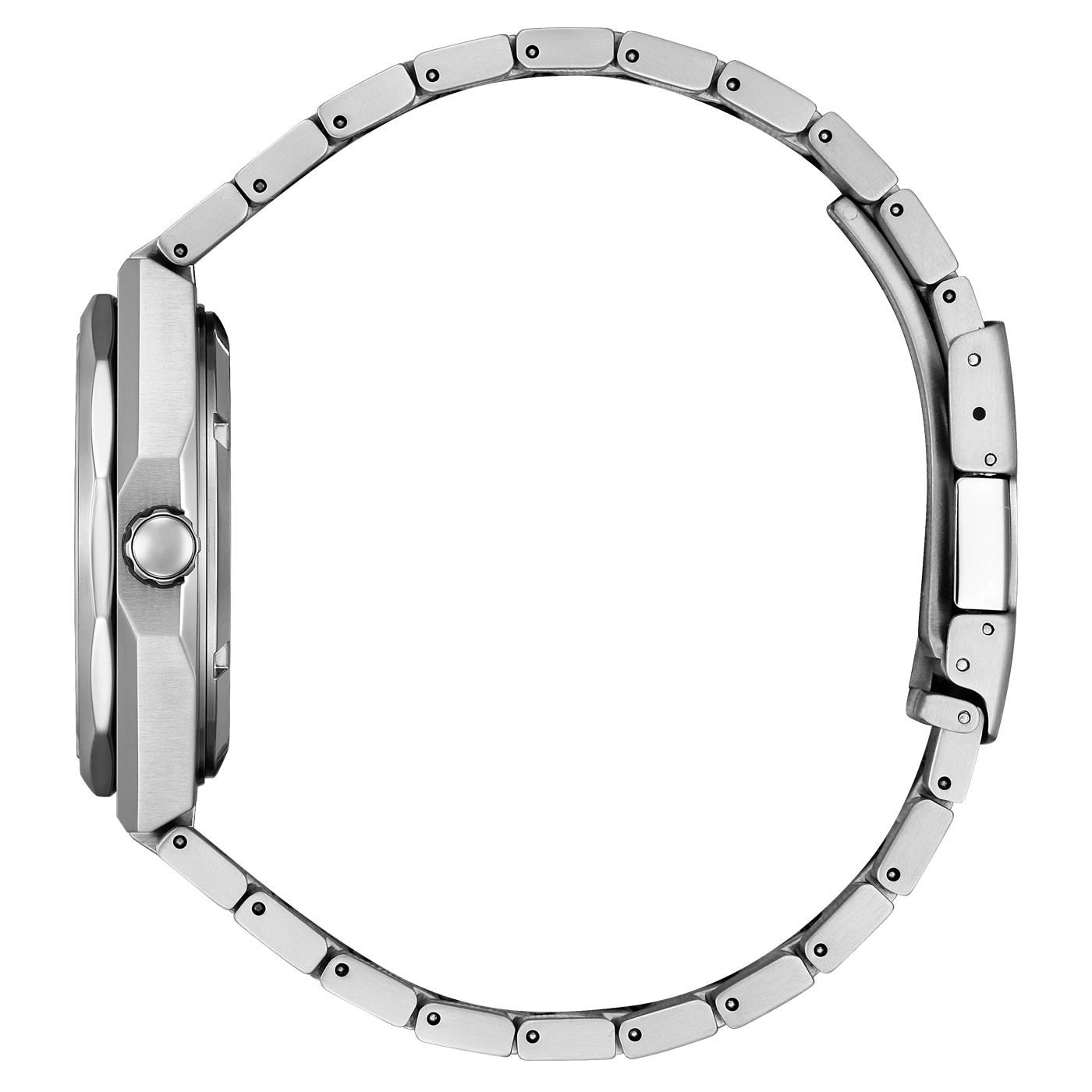 Side view of a silver wristwatch with a metal band, elegant design