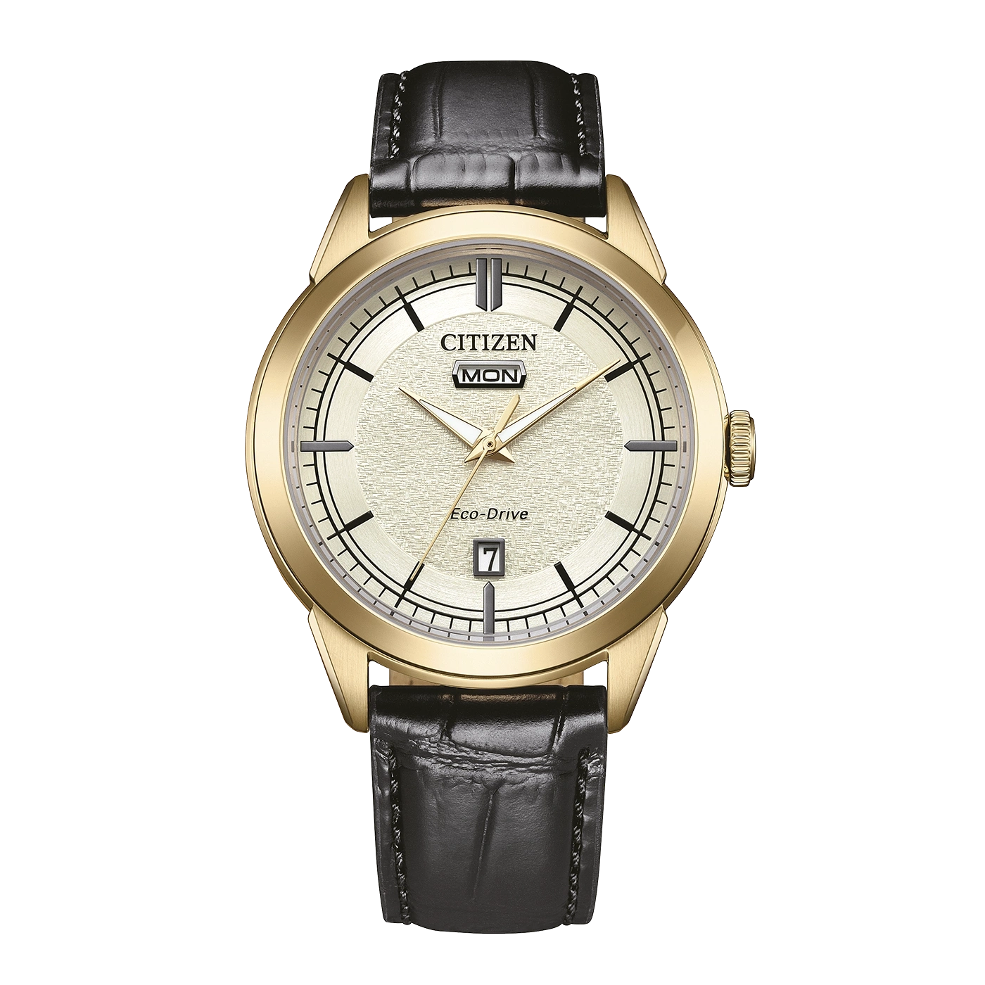 A gold Citizen Eco-Drive watch with a black leather strap.