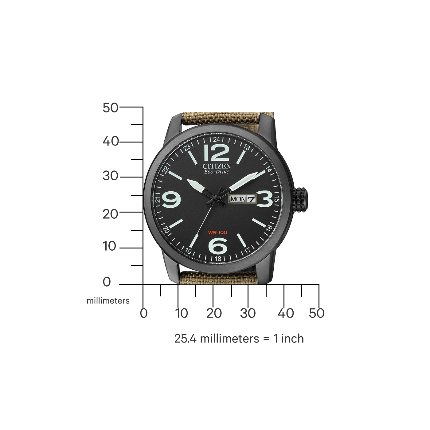 Citizen Eco-Drive watch with black face, numbers, and a green strap.