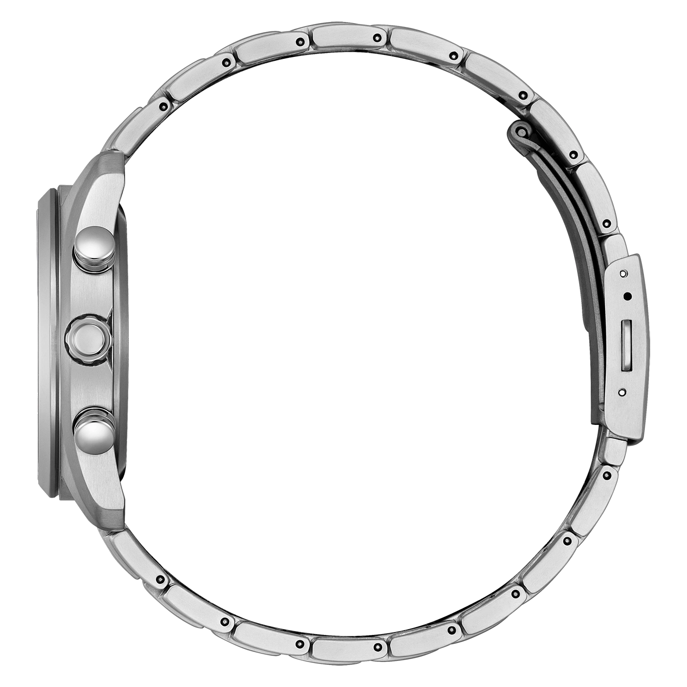 Side view of a silver watch with a metal band and buttons.